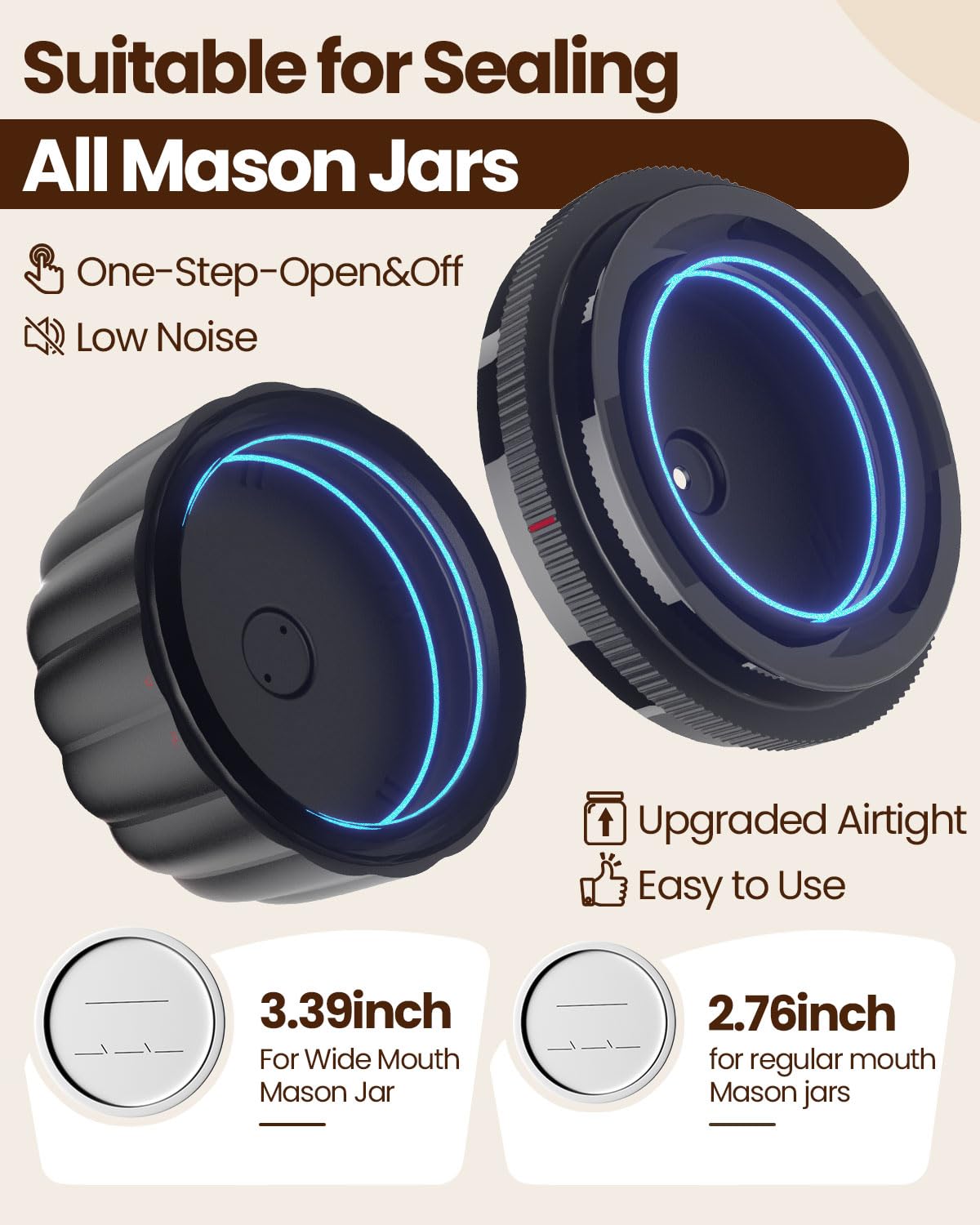 Snuuoby 2026 Upgrade Electric Mason Jar Vacuum Sealer Kit - with Wide and Regular Mouth Mason Lids -80kpa Automatic Vacuum Pump 2500mAh Battery One…