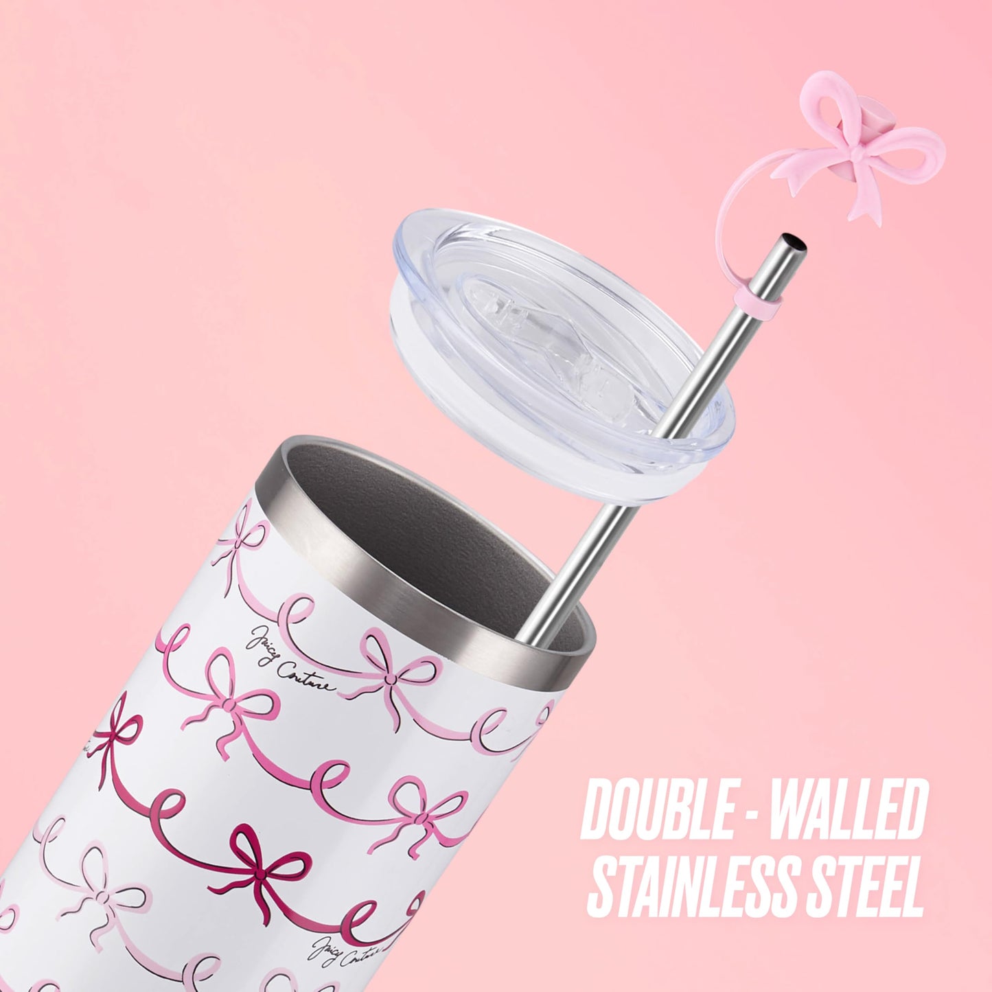 Juicy Couture Glam Slip 24oz Stainless Steel Hydration Tumbler with Straw Topper, Pink Doodle Bows