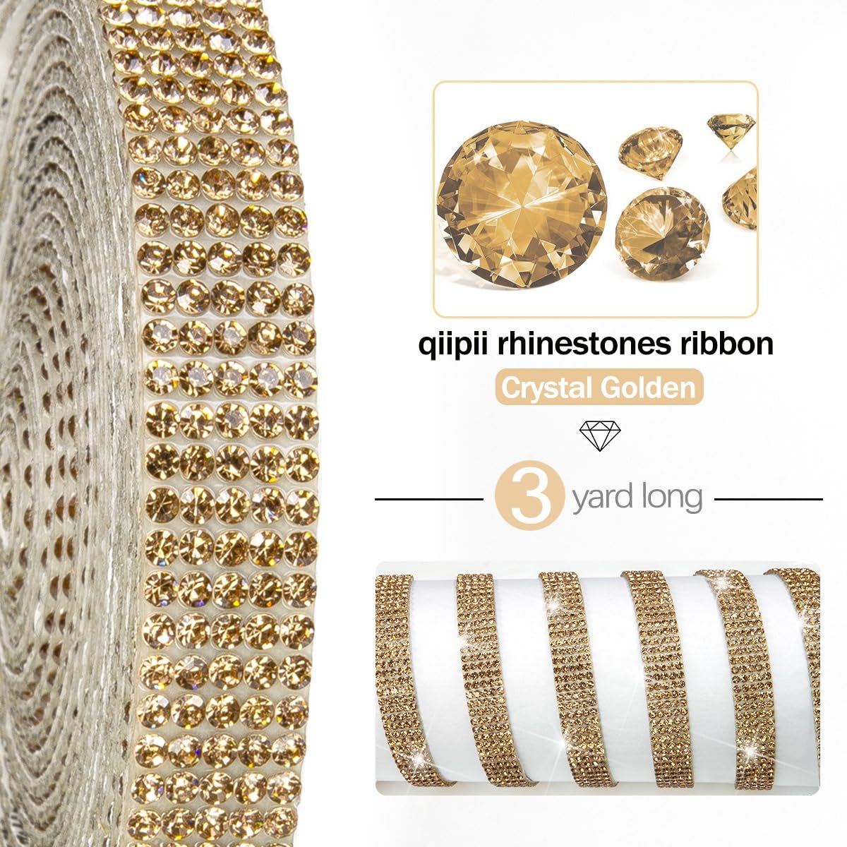 qiipii 3 Yards Crystal Golden Self Adhesive Rhinestone Strips K9 Glass Diamond Gold Bling Glitter Rhinestone Ribbon Sticker Bling Wrap Roll for Crafts Beauty & Personal Care qiipii