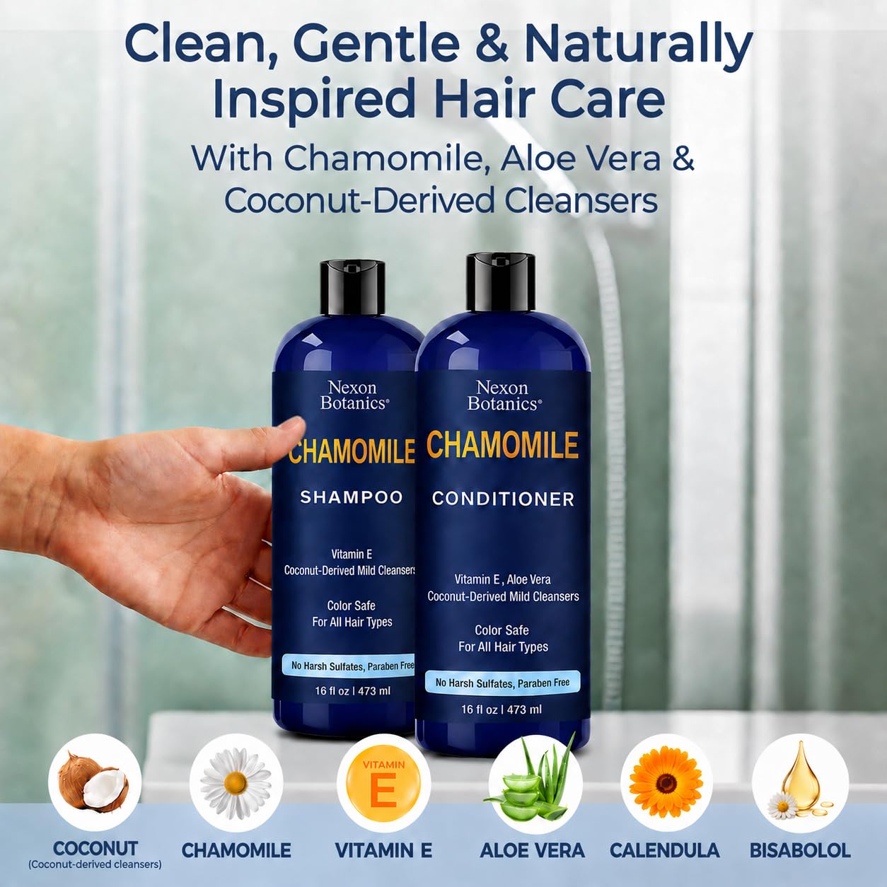 Chamomile Shampoo and Conditioner Set 16 fl oz - No Harsh Sulfates, Clarifying for Oily Dry and Frizzy Hair - Color Safe - Champu de Manzanilla