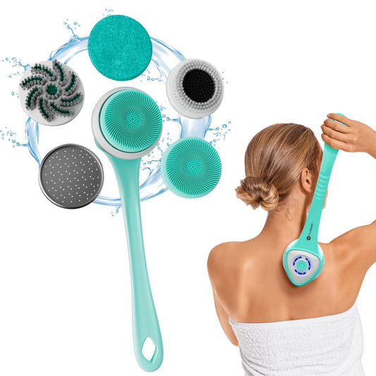 FIRSTHEALTH 6-in-1 Electric Exfoliating Body Scrubber for Women & Men, USB-C Rechargeable IPX7 Waterproof Shower Brush, Detachable Long Handle Back Beauty and Personal Care FIRSTHEALTH