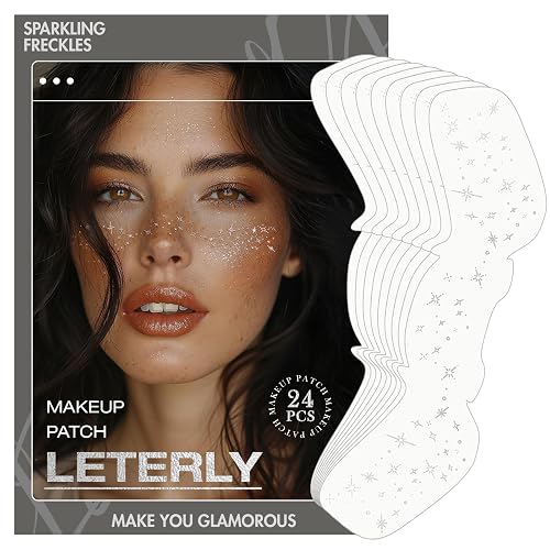 Leterly 24 Pcs Glitter Freckles Face Tattoo,Silver Face Glitter Makeup Patches Cute Sparkle Freckles Patches Waterproof Makeup Speckles for Face