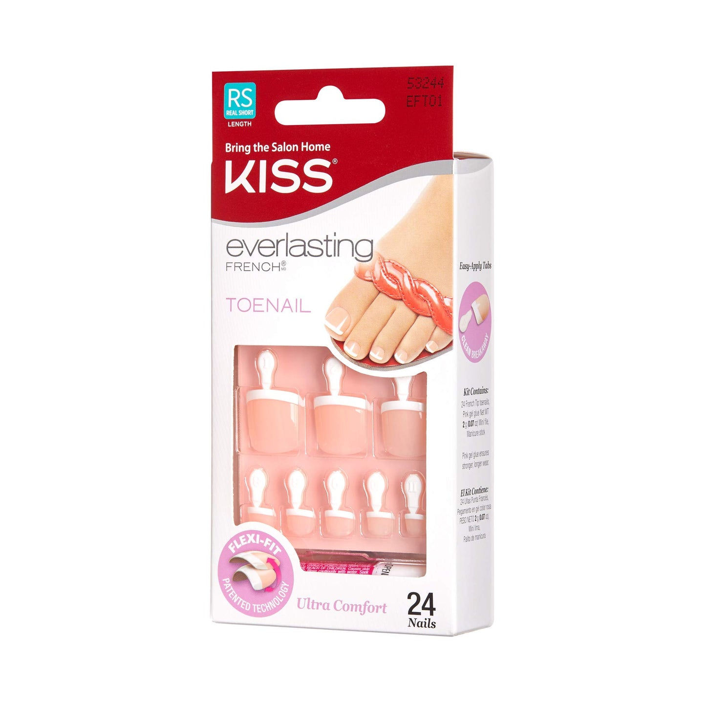 KISS Everlasting, Press On Toenails, Nail Glue Included, 'Limitless', French, Short Size, Squoval Shape, Includes 24 Nails, 2g Glue, 1 Manicure Stick