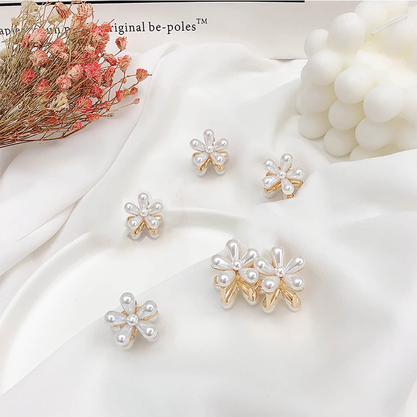 Doromy 16Pcs Small Faux Pearl Hair Claw Clips with Mini Crystal Floral Accents - Sweet Artificial Barrettes for Women and Girls Hair Clips