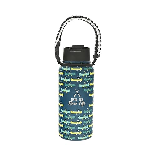Pavilion Gift Company - Livin' The River Life - 32oz Stainless Steel Travel On The Go Water Bottle Coffee Thermal With Survival Rope Handle - Cabin