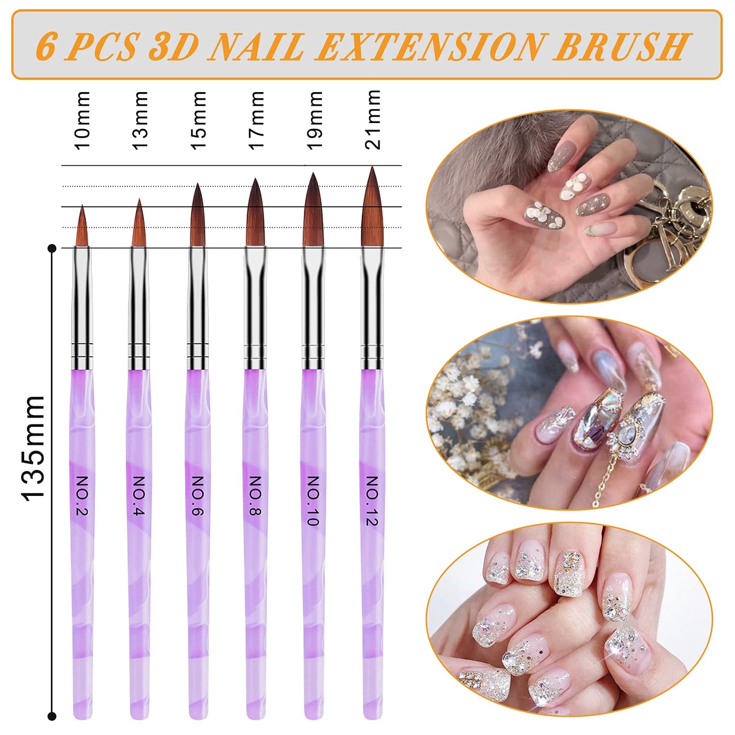AROIC 28 Pcs Acrylic Nail Brush Set Including 7 Pcs UV Gel Nail Art Brushes, 6 Pcs 3D Nail Extension Brush, 5Pcs Double Ended Dotting Nail Pen