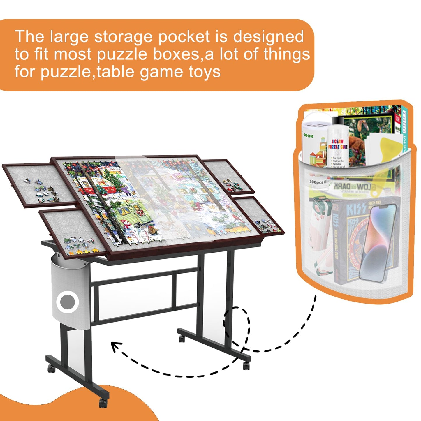 Doerpuz Jigsaw Puzzle Table – 1500 Piece Board with Legs, Wheels & Storage Pocket, 5 Adjustable Levels, Drawers, Coffee Color