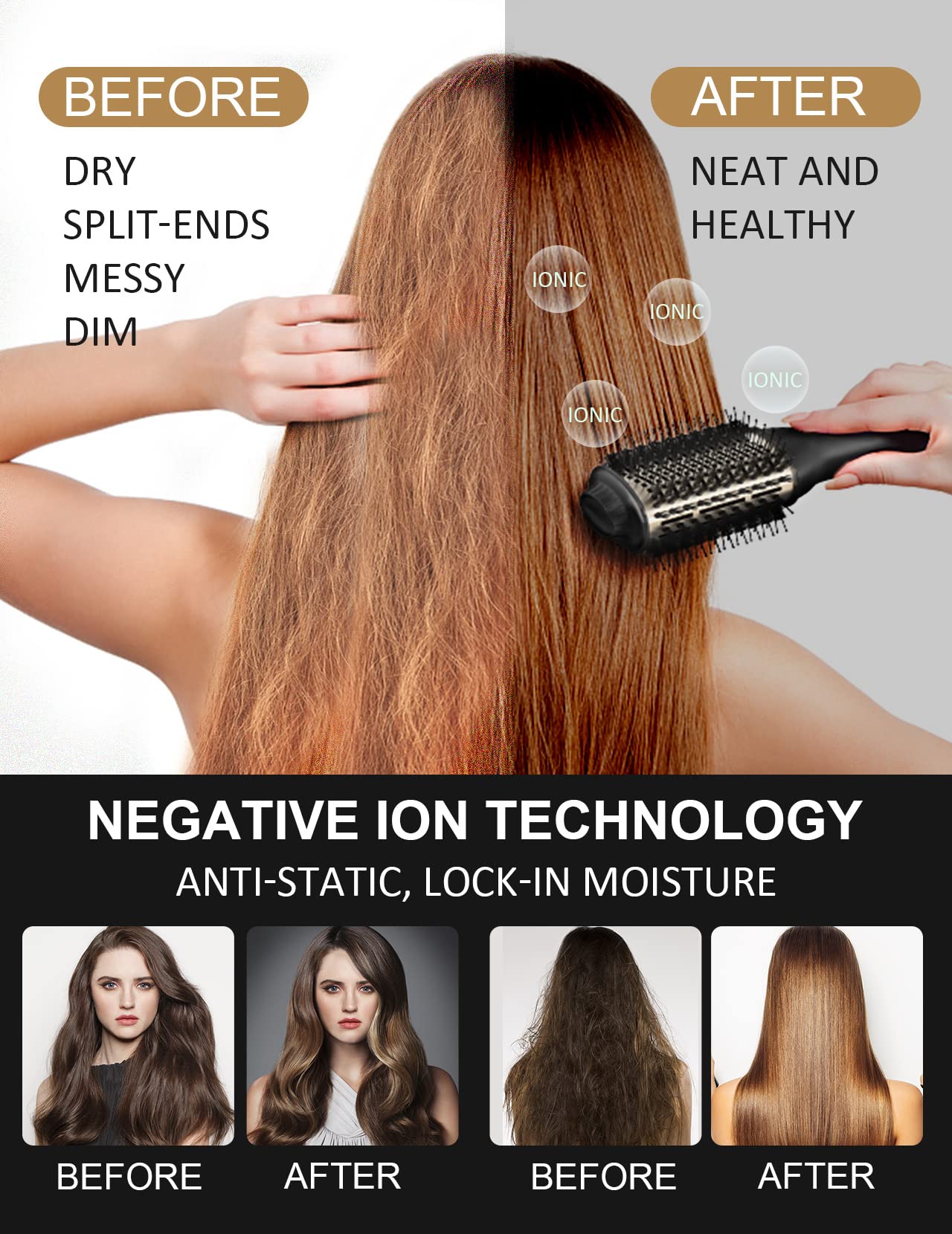 Hot Air Hair Blow Dryer Brush - 3 in 1 Negative Ionic Hairdryer Blowout Brush for Drying Straightening Volumizing - 60mm Oval Barrel fit All Hair