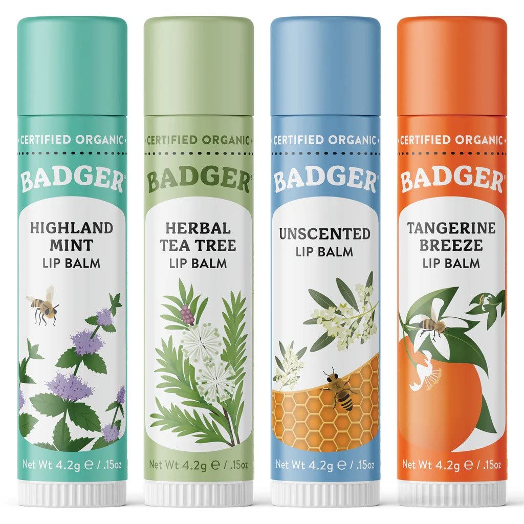Badger Classic Organic Lip Balm Set - Green Box, Long Lasting Lip Moisturizer Gift Set, Light Silky Texture, All Natural Lip Balm Variety Pack Lip-Set