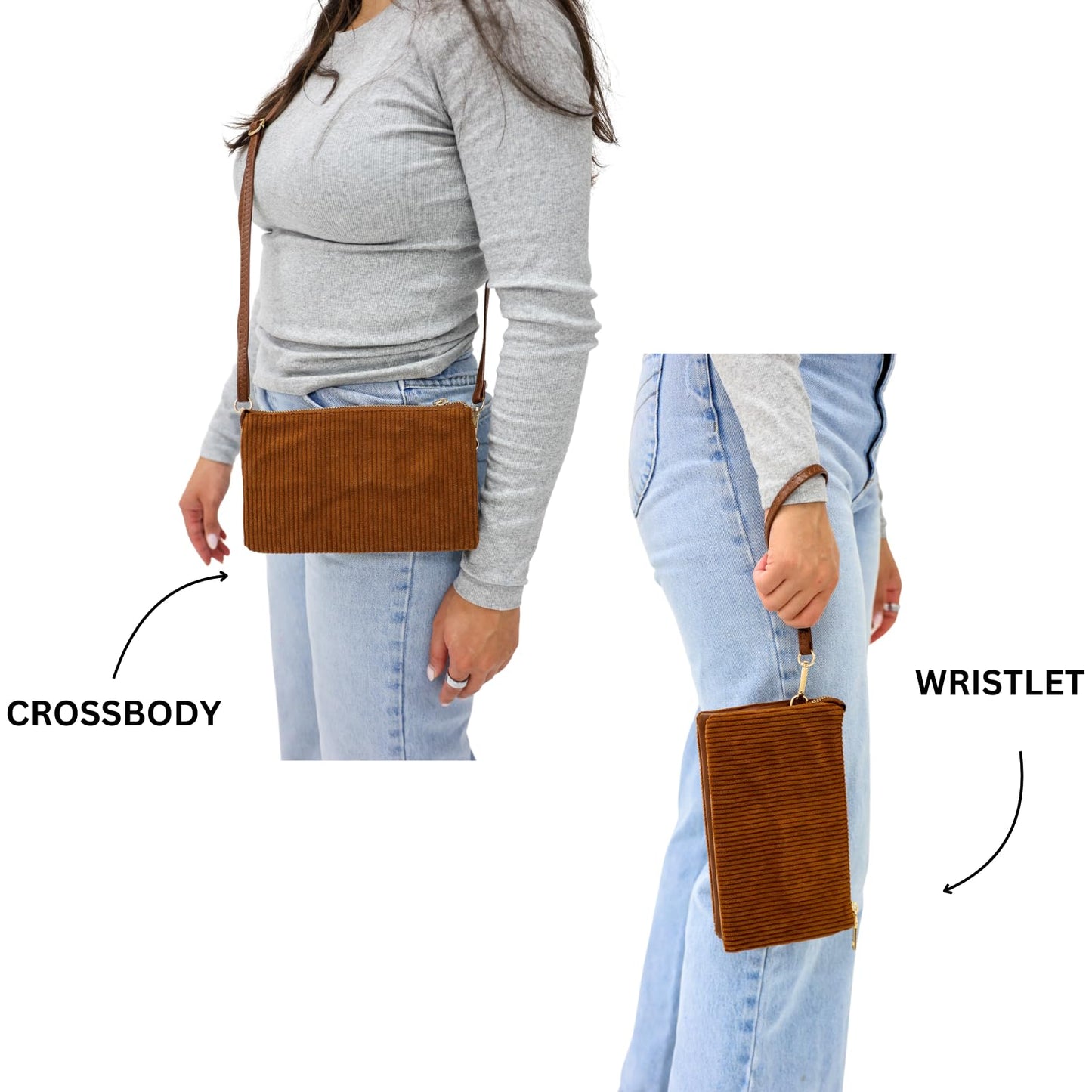 JEN & CO. Riley Corduroy Small Crossbody Bags Vegan Leather Wristlet Wallets Clutch Purses Shoulder Handbag for Women, Black