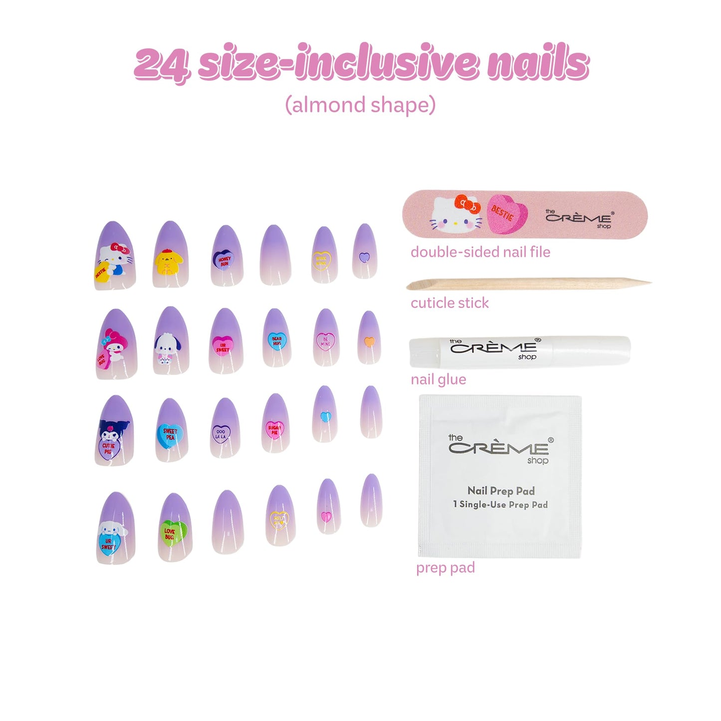 The Crème Shop x Hello Kitty & Friends x Sweethearts Collection Press On Nails, Almond Shape, 28 Nails Kit with Glue and Tools (Bestie) Beauty & Personal Care The Crème Shop