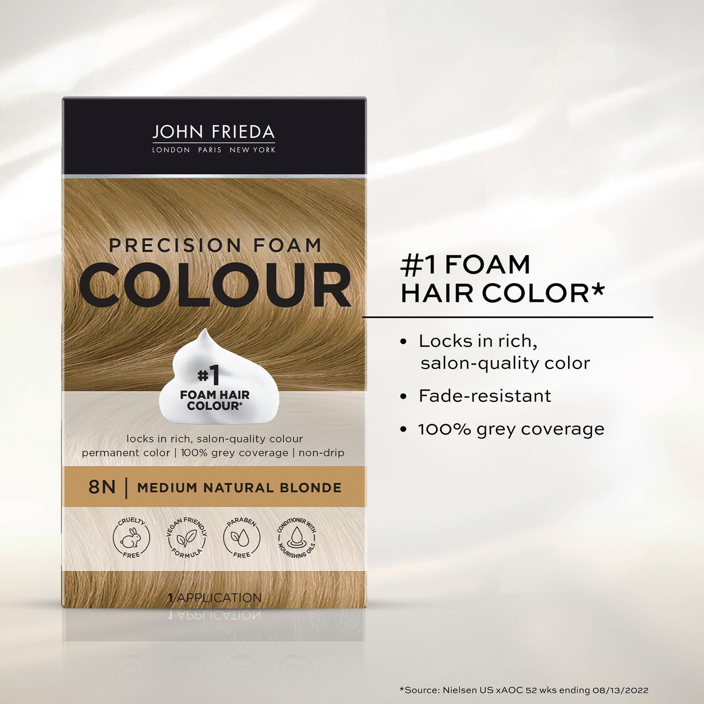 John Frieda Precision Foam Colour, Medium Natural Blonde 8N, Full-coverage Hair Color Kit, Anti-Fade Gray Coverage, Deep Color Saturation Hair Dye