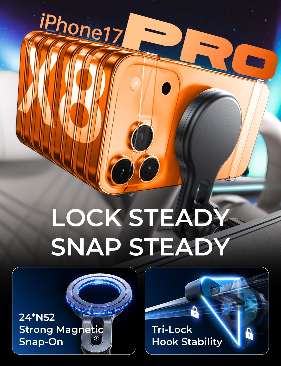 LISEN 15W MagSafe Car Mount Charger, [Stable & Fast Charging] Magnetic Wireless Car Charger, Car Phone Holder Charger Fits iPhone 17 Pro Max Air…