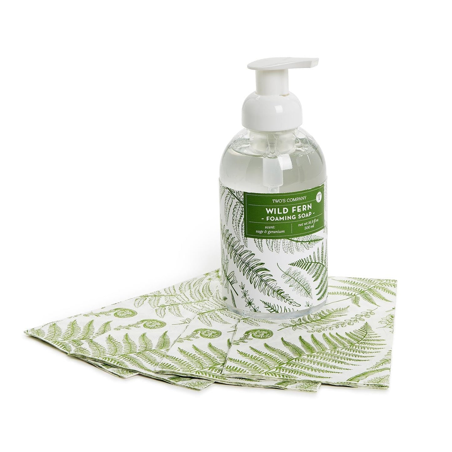 Two's Company Wild Fern Foaming Hand Soap 16.9 oz with 20 Disposable Guest Towels - Sage Geranium Scent Bathroom Set