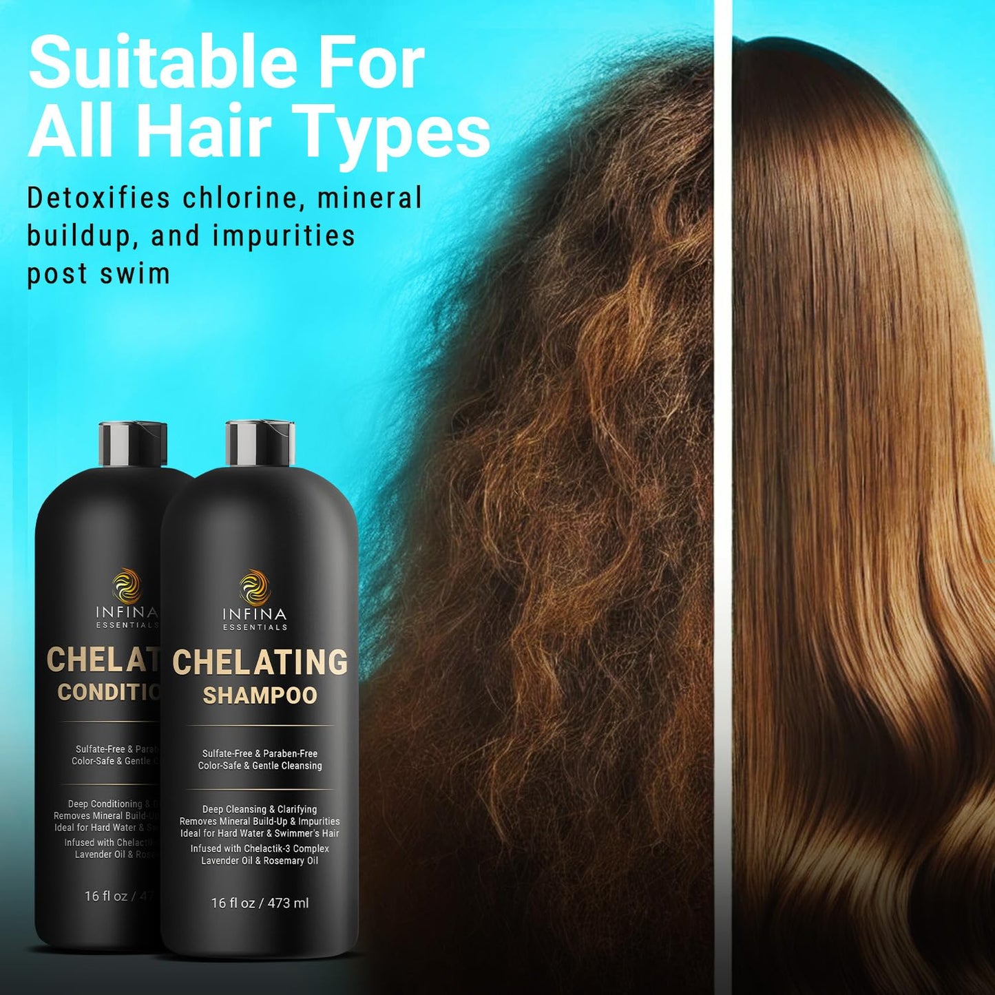 INFINA ESSENTIALS Chelating Clarifying Shampoo and Conditioner for Hard Water & Chlorine Removal | 16 fl oz | Sulfate Free Metal Detox Shampoo