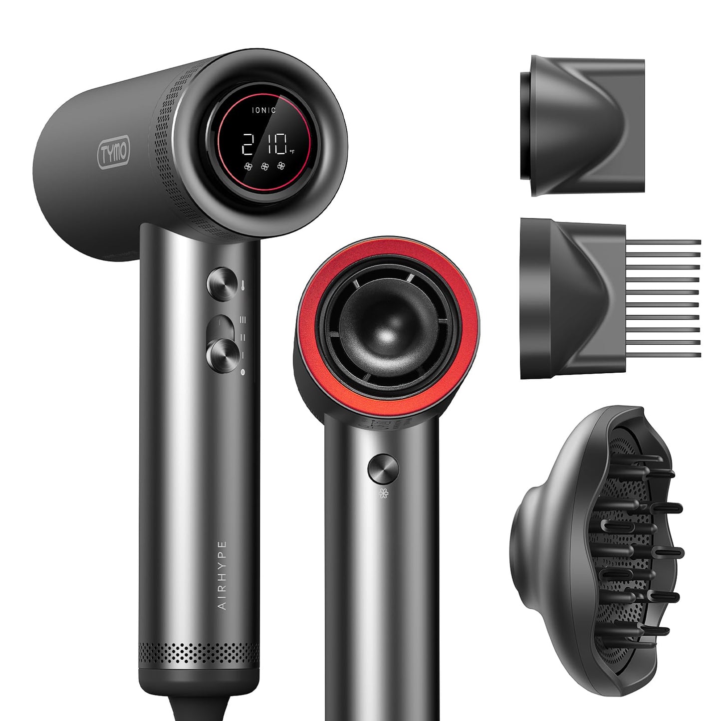 TYMO 1500W Professional Hair Dryer with Diffuser – High-Speed Ionic Hairdryer, 4 Temps & 3 Speeds, 8 Ft Cord, Comb Attachment, Metal Gray