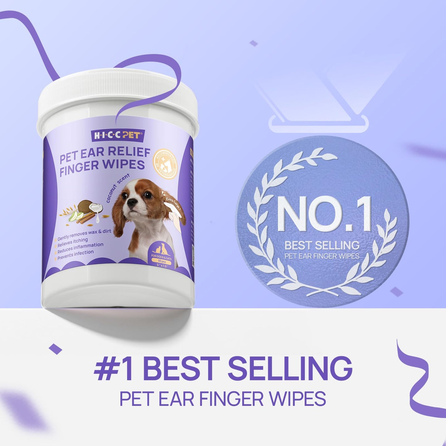 HICC PET Dog Ear Wipes Finger 50 Count - Ear Cleaner Wipes for Dogs & Cats, Relieve Itching, Inflammation, Remove Wax & Dirt, Fresh Coconut Scent