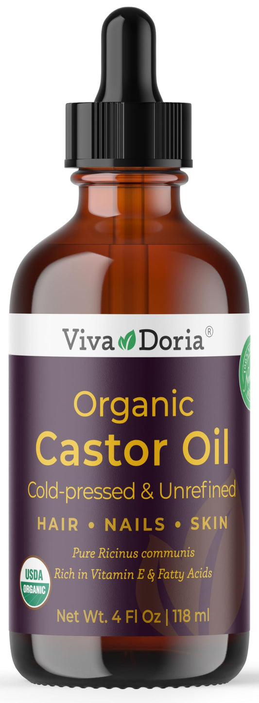 Viva Doria Organic Castor Oil, 4 Fl Oz | Virgin, Cold Pressed, Hexane-Free, Vegan | Nourishing Hair & Skin Care | Eyelash & Brow Serum | Glass Bottle