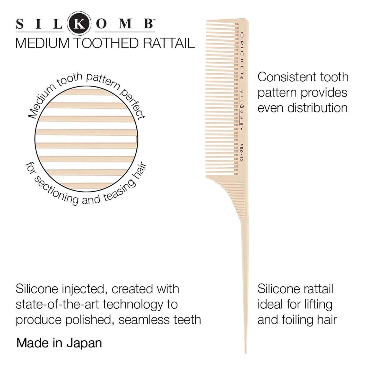 Cricket Silkomb Pro-60 Medium Tooth Rattail Comb - Japanese-Made, Silicone-Injected Design with Seamless Teeth for Precision Sectioning, Teasing