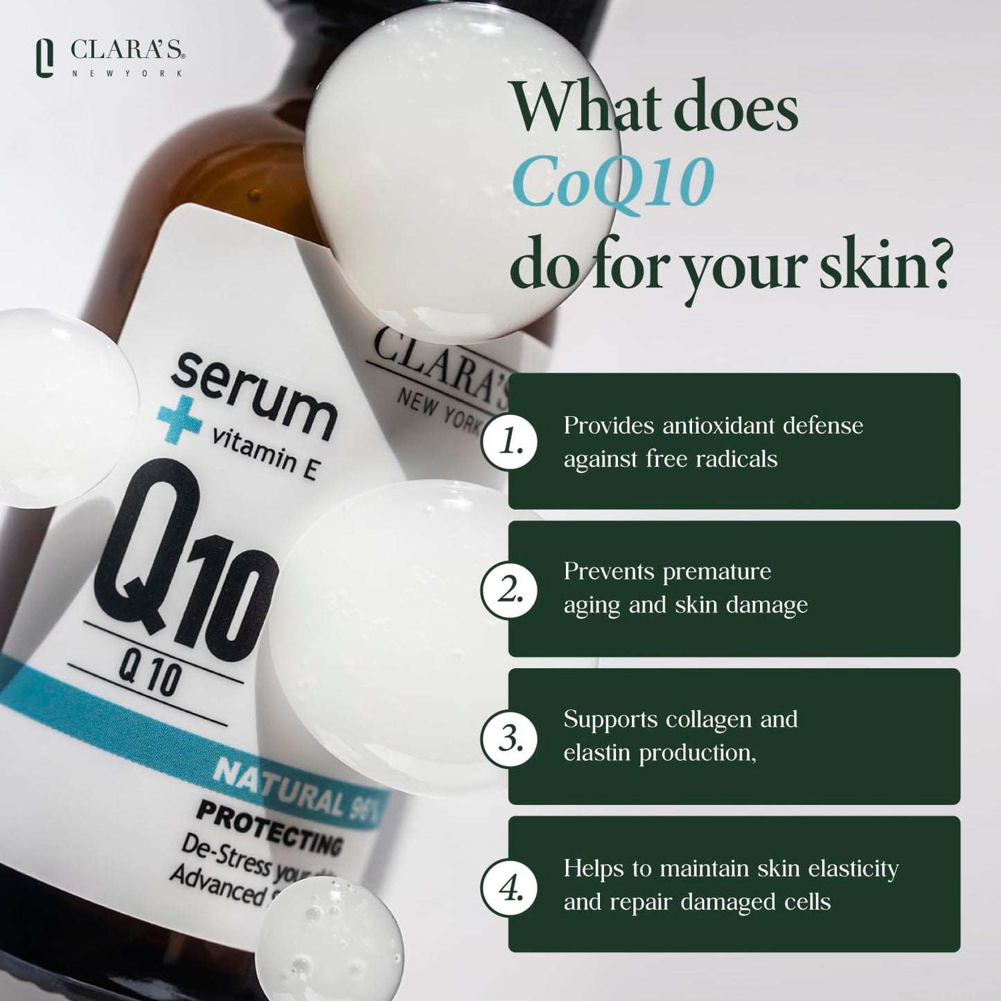 CLARA'S NEW YORK Q10 Facial Serum with Vitamin E - Hydrating, Brightening & Skin-Supportive - 30ml / 1 Fl Oz - Made in USA