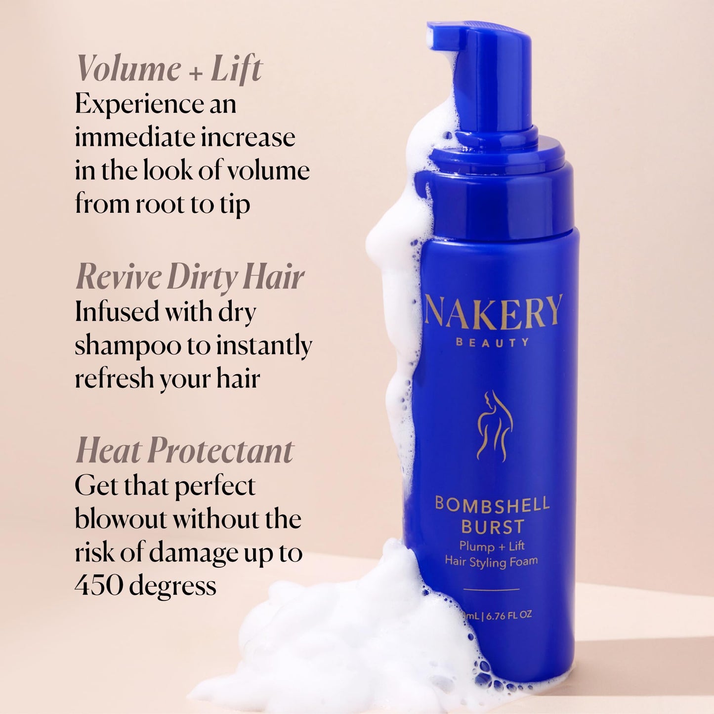 Nakery Bombshell Burst Hair Foam, Volumizing Mousse for Styling Curly and Straight Hair, Lightweight Foam with Biotin, Keratin, Panthenol, Texture