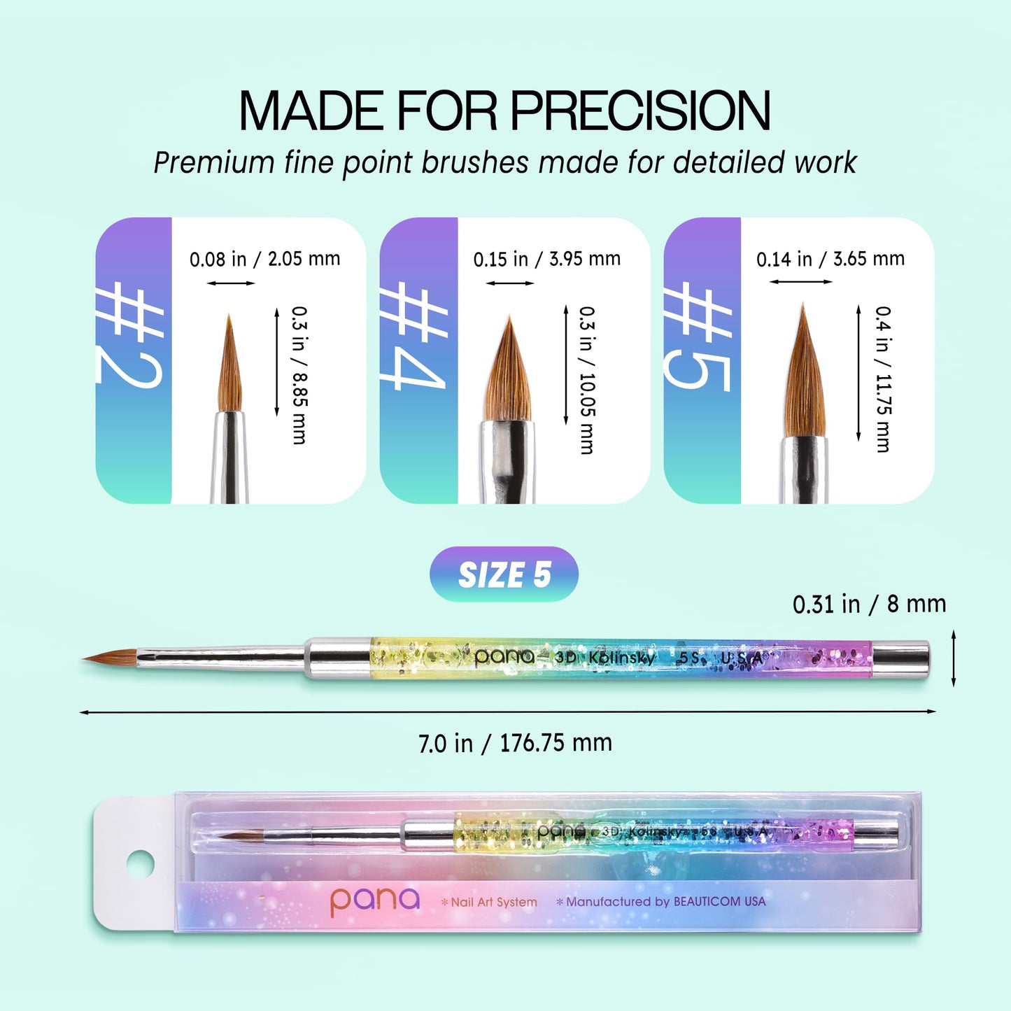 PANA Kolinsky 3D Acrylic Nail Brushes with Liquid Glitter Handle - For Professional Acrylic Powder Liquid Manicure Pedicure (Rainbow Color, Size #5)