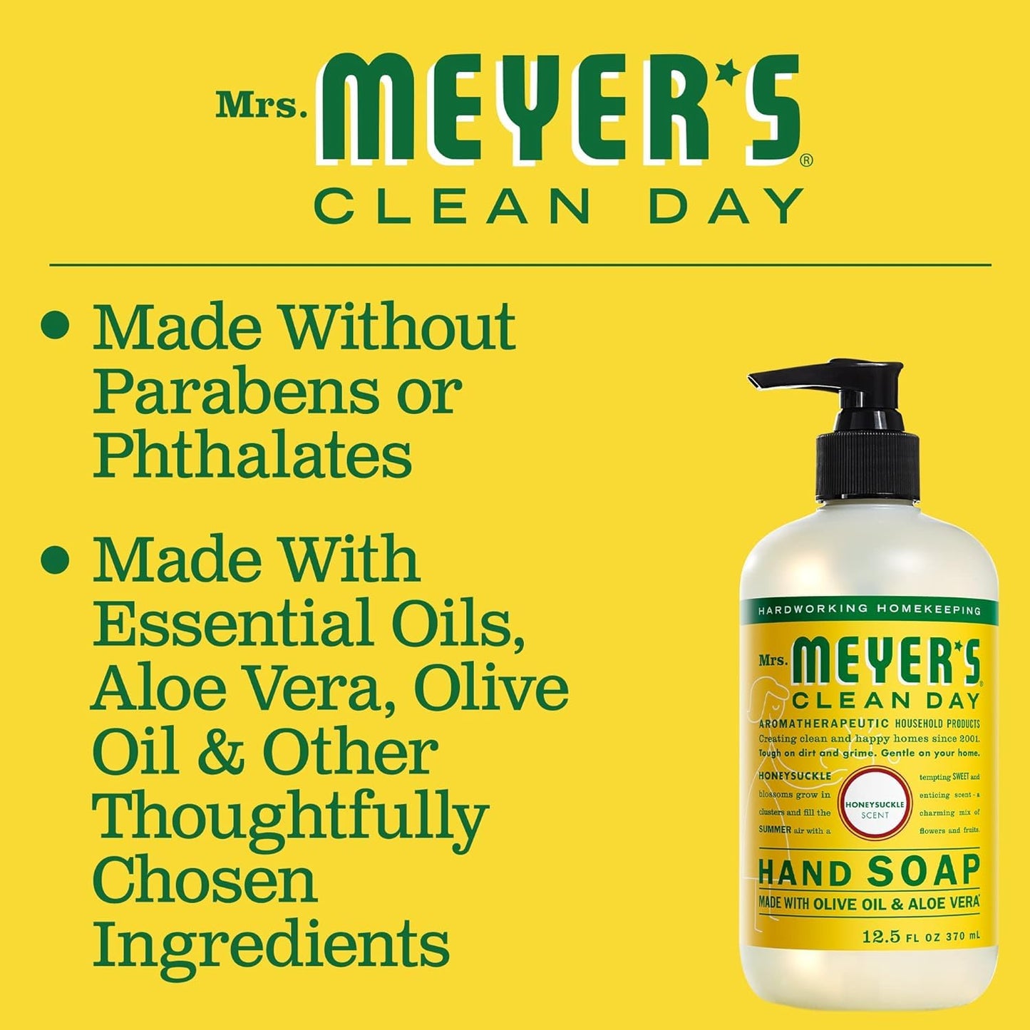 Mrs. MEYER'S Clean Day Hand Soap, Made with Essential Oils, Honeysuckle, 12.5 Fl oz (Pack of 2)