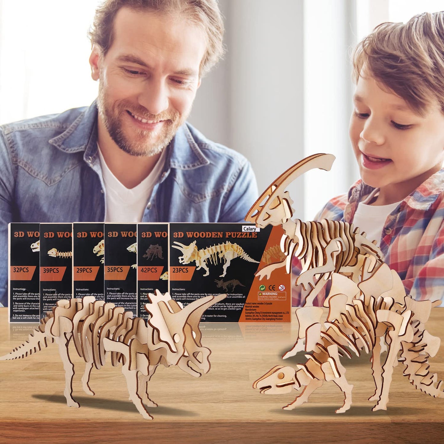 calary 3D Wooden Puzzle Simulation Animal Dinosaur Assembly DIY Model Toy for Kids and Adults,Set of 6