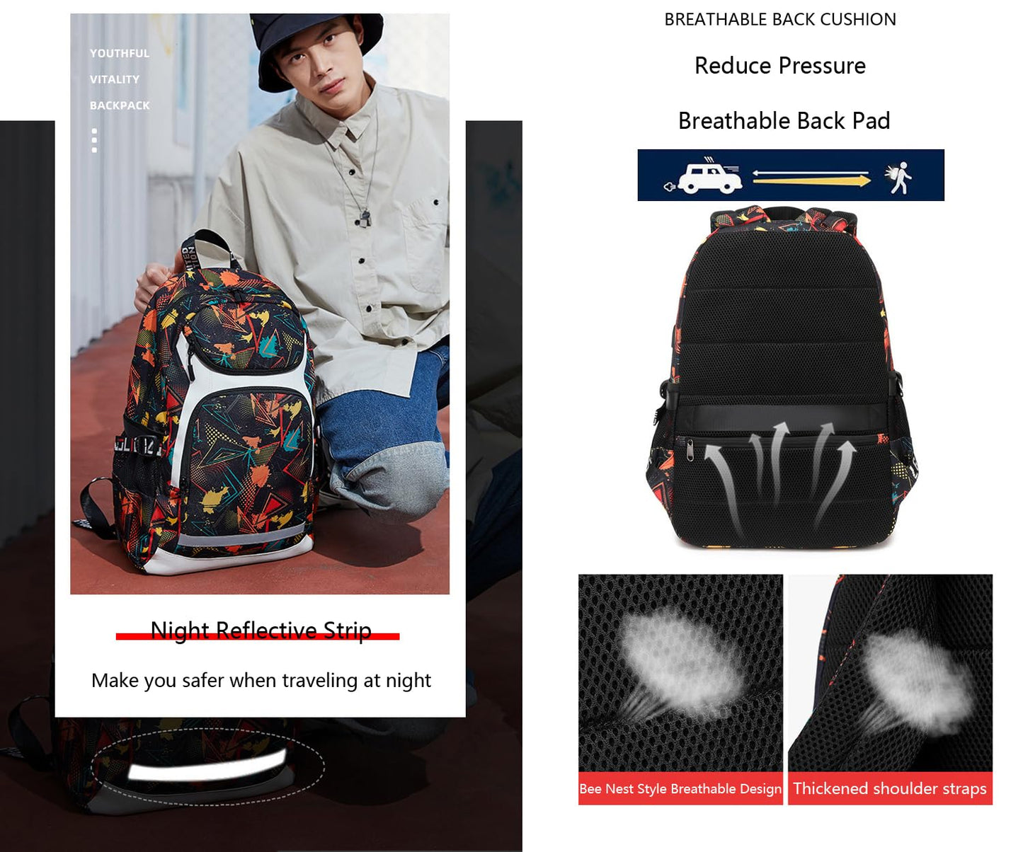 American Football Player 15 Multifunction Rugby Backpack Travel Laptop Daypack Night Reflective Strip Fans bag For Men Women (Red Pattern - 2)