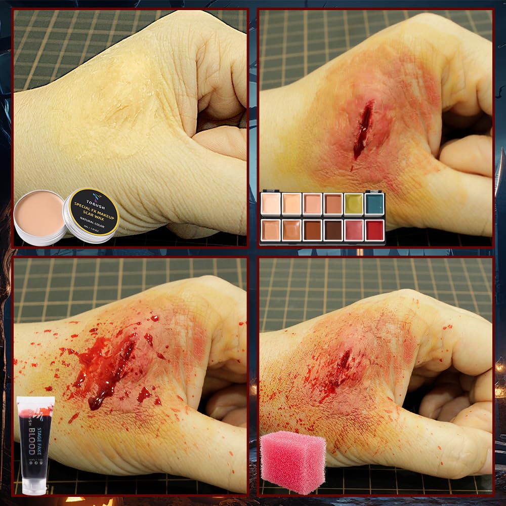 T TOGUSH Halloween Makeup Special Effects SFX Makeup Kit 12 Colors FX Palette Face Body Painting with Fake Blood,Scar Wax,Spirit Gum,Castor