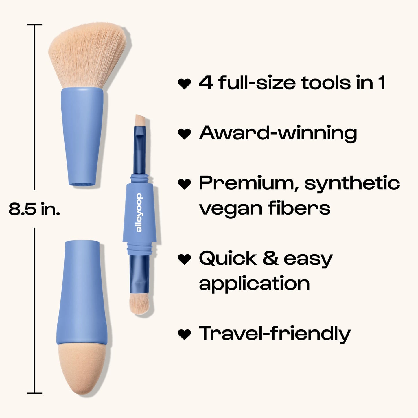 Alleyoop Multi-Tasker 4-in-1 Travel Makeup Brush Set - Compact Makeup Brushes with Blending Sponge, Eyeshadow, Eyebrow & Liner, Blush & Bronzer Brush