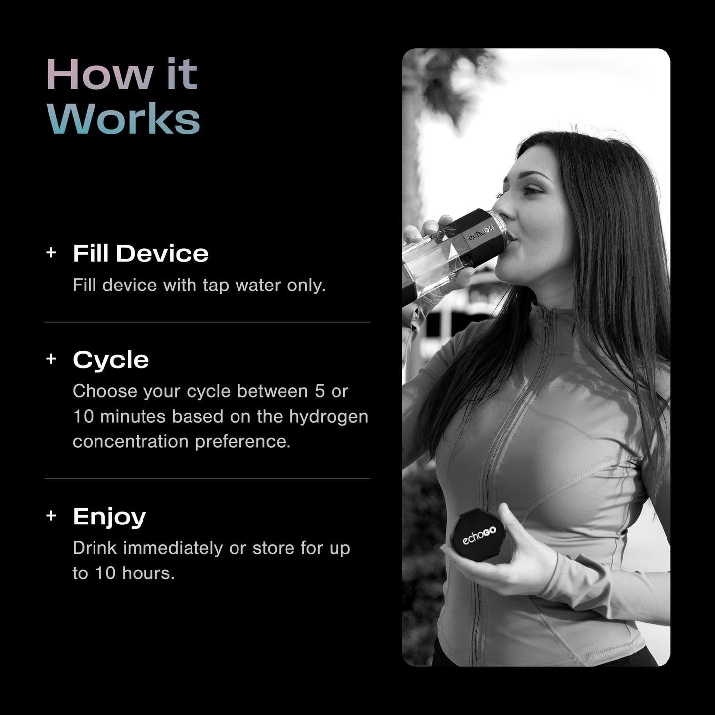 Echo Go+ Hydrogen Water Bottle - Hydrogen Infusion Technology - Rechargeable Water Bottle - SPE & PEM Purification - Active Hydration Support