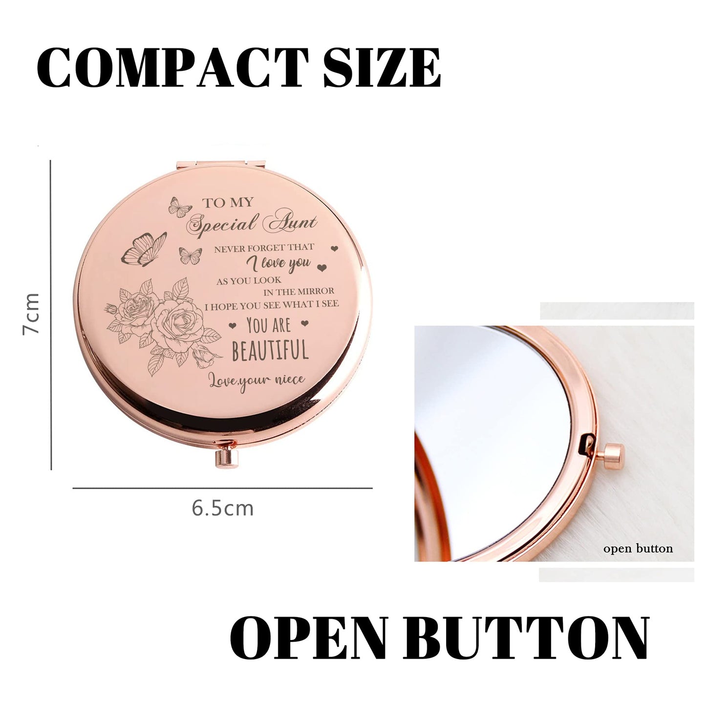 GAOLZIUY Compact Mirror, Rose Gold, 2.5 Inch Diameter, 7 cm L x 6.5 cm W, Luxury Gift for Aunt, Mother, Wedding, Christmas