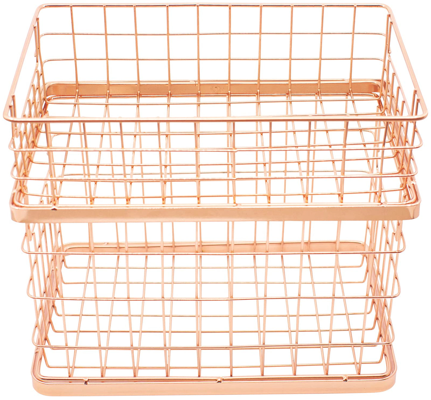 Set of 2 Stackable 10" Metal Wire Storage Basket Bins With Handles (Rose Gold Wide Mesh Base)