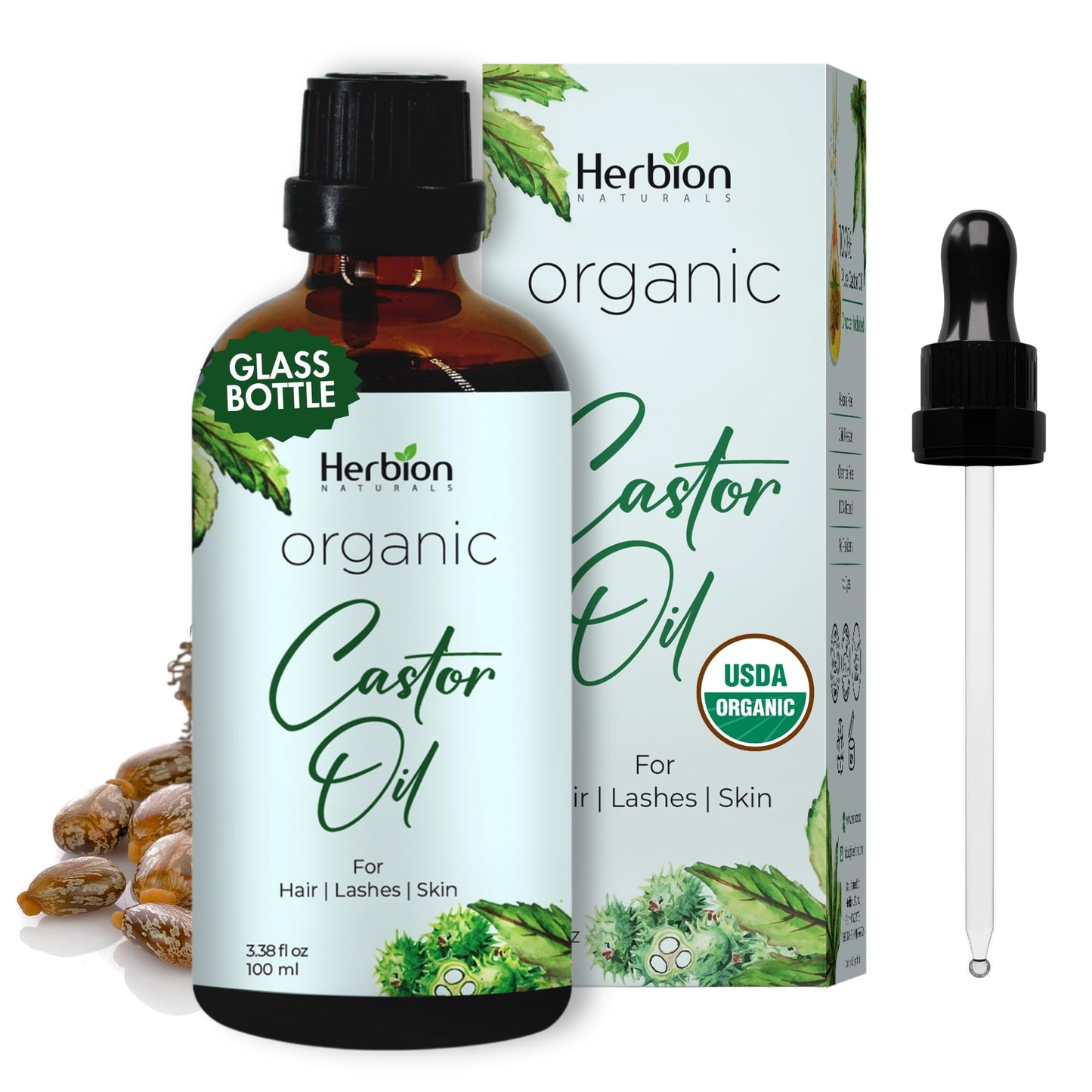 Herbion Naturals Organic Castor Oil USDA Certified, 100% Pure, Cold Pressed, Hexane-Free. Moisturizer & Hair Treatment. Glass Bottle w/Dropper, 3.38