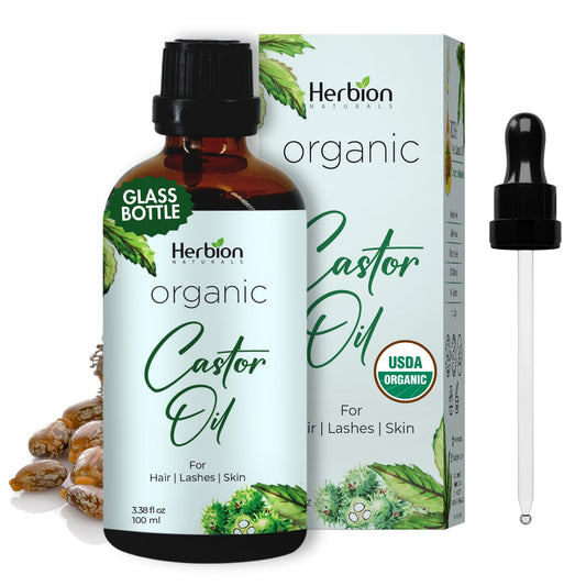 Herbion Naturals Organic Castor Oil USDA Certified, 100% Pure, Cold Pressed, Hexane-Free. Moisturizer & Hair Treatment. Glass Bottle w/Dropper, 3.38
