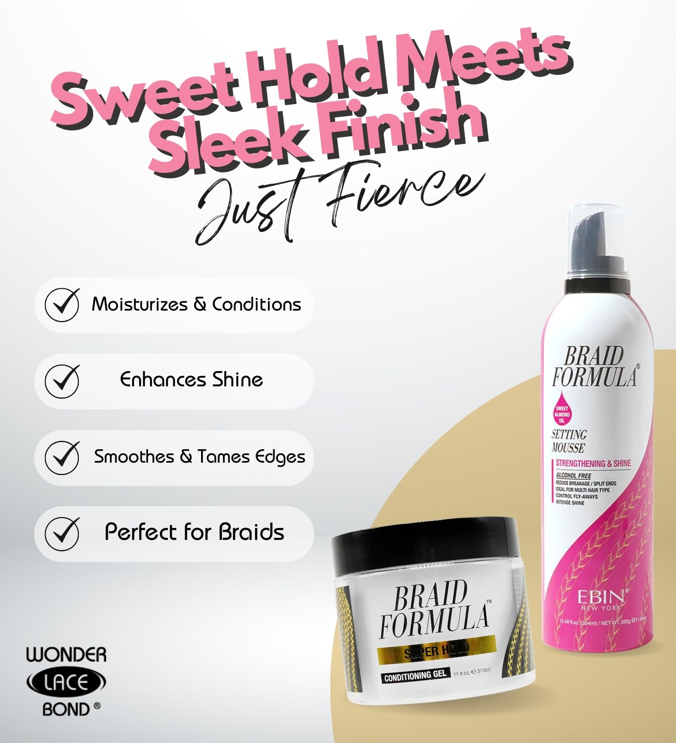 EBIN NEW YORK Braid Formula Conditioning Gel Super Hold 11oz & Setting Mousse Strengthening Shine Sweet Almond Oil 12.49oz Braid Mousse Hair Foam