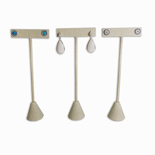 N'ice Packaging - 3Qty Beige Linen 6.75" High Free-Standing Earring T-Stand Display, T Shape Holder for Tradeshow, Home Business, Promotion, or just…