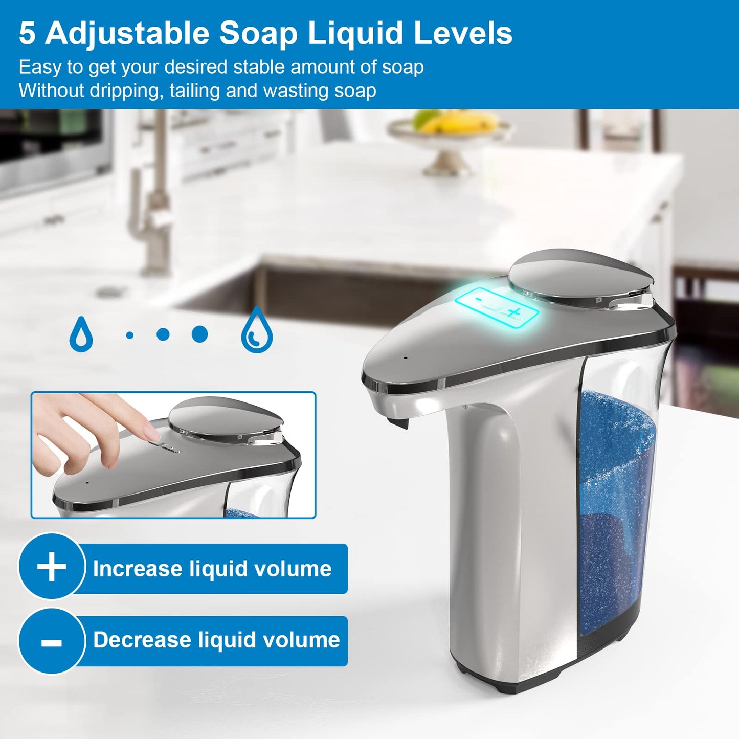 PZOTRUF Touchless Automatic Soap Dispenser, 17oz, Infrared Sensor, 5 Levels, for Bathroom & Kitchen Liquid Soap (Silver)