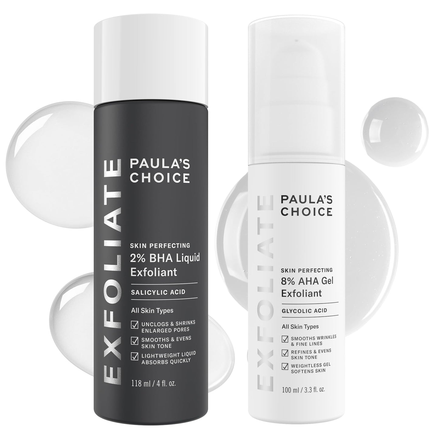 Paula's Choice SKIN PERFECTING 8% AHA Gel Exfoliant & 2% BHA Liquid Duo - Facial Exfoliants for Blackheads, Enlarged Pores, Wrinkles, and Fine Lines