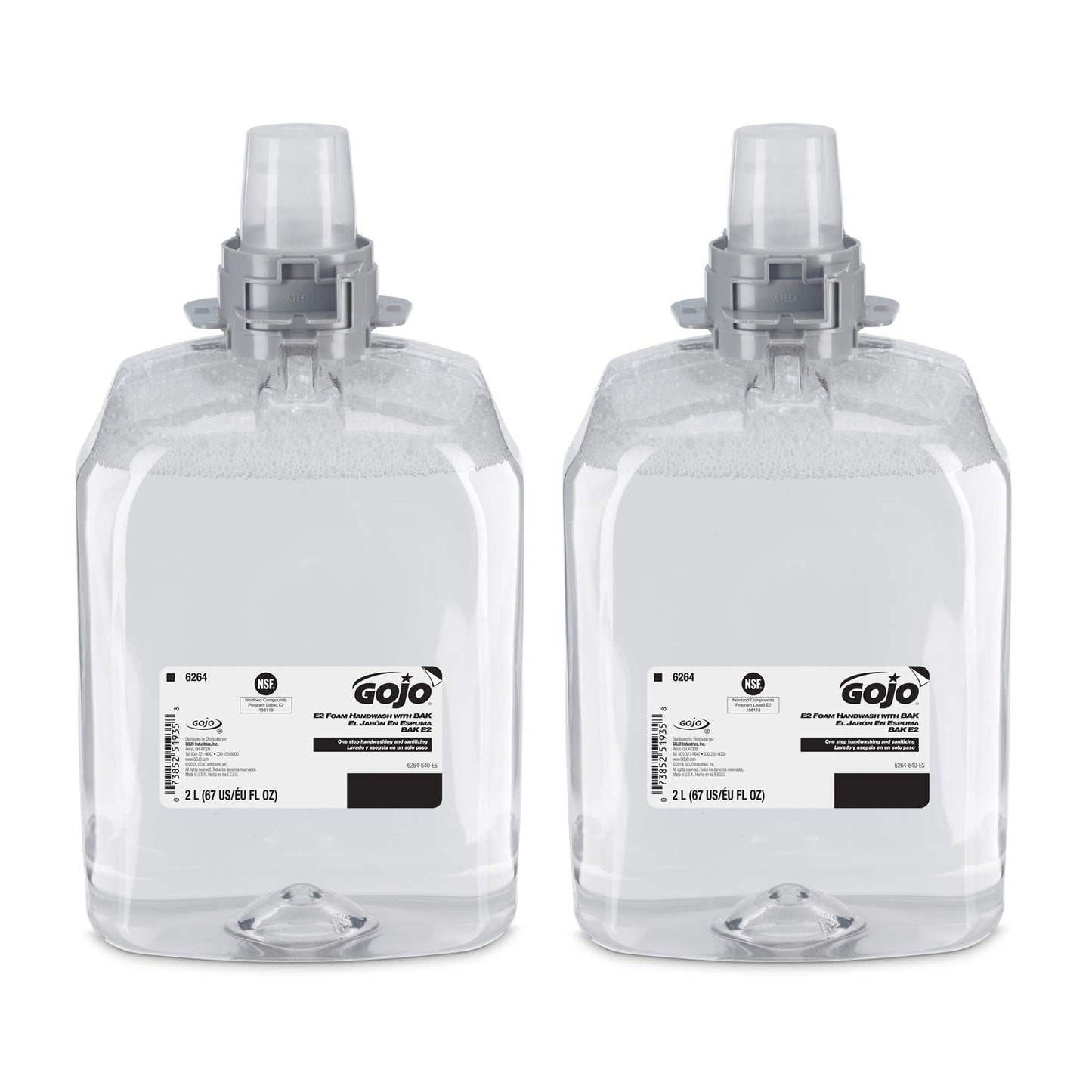 GOJO E2 Foam Handwash with BAK, Fragrance Free, 2000 mL Foam Hand Soap Refill FMX-20 Push-Style Dispenser (Pack of 2) - 6264-02