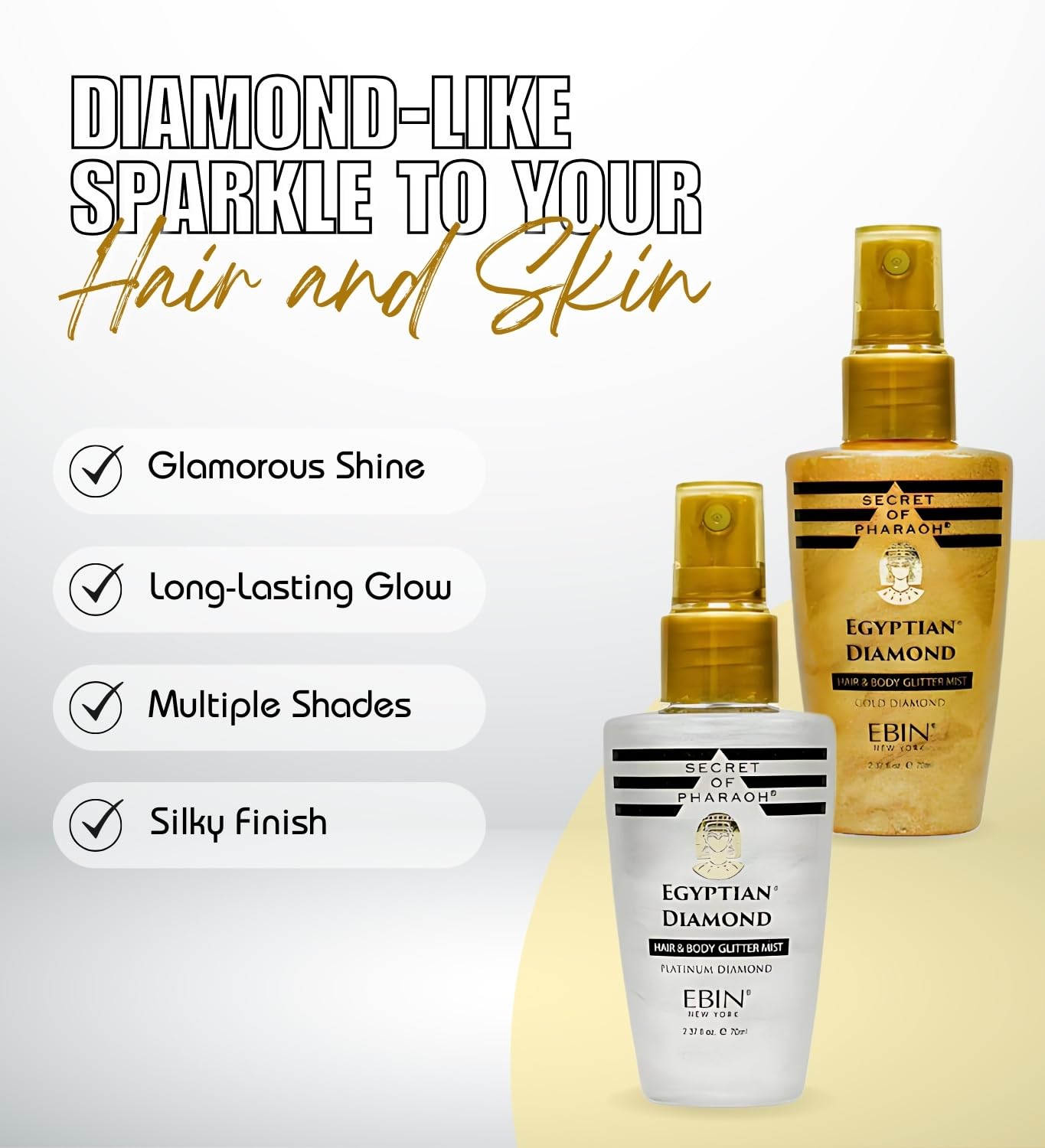 Secret of Pharaoh Egyptian Diamond Platinum Bundle with Gold Body Glitter Spray 2.37 Fl Oz Each by EBIN New York - Shiny Glitter Spray for Hair