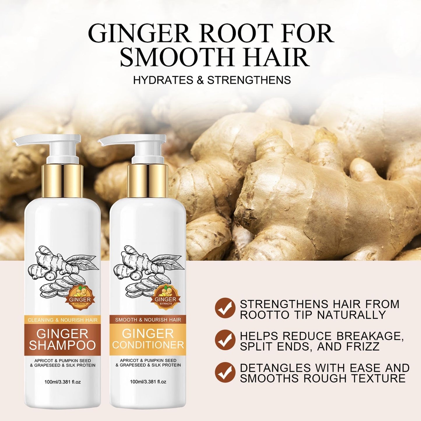 Ginger Hampoo & Treatment Set, Strengthening & Damage Repair, Vibrancy Protecting Shampoo, Thicker and Longer Hair - Soft and Shine, for Thinning
