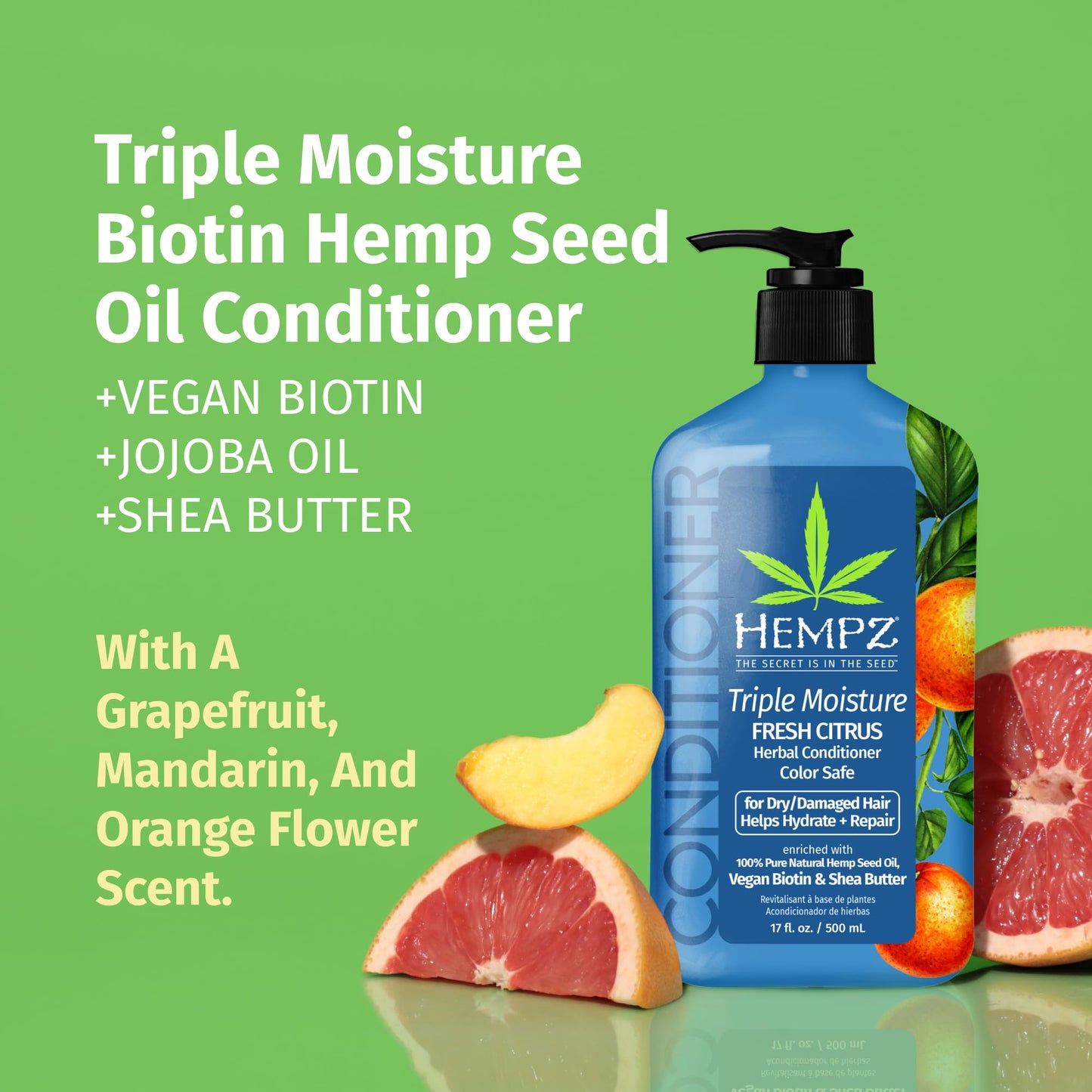 Hempz Biotin Conditioner - Triple Moisture Fresh Citrus - Peach & Grapefruit - For Growth & Strengthening of Dry, Damaged and Color Treated Hair