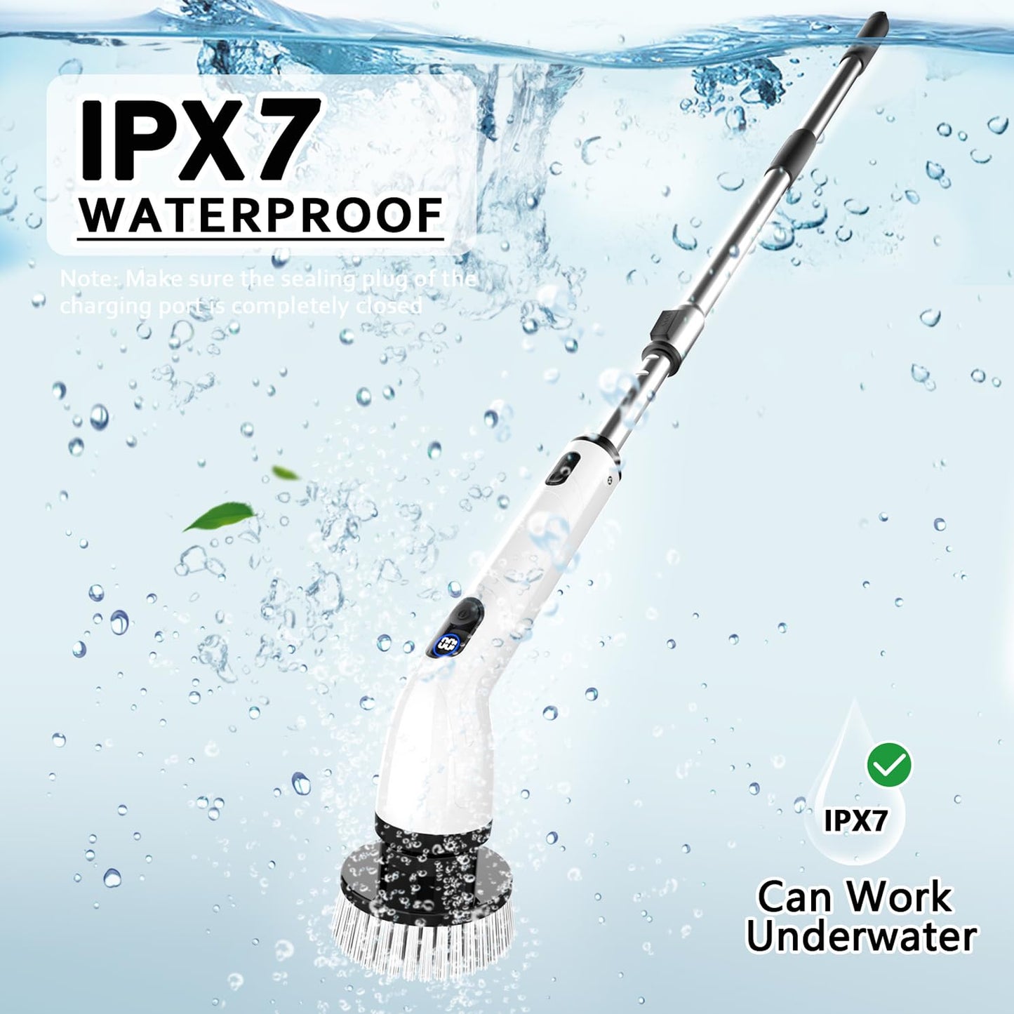 TUYU Electric Spin Scrubber, IPX7 Waterproof with LCD Display & Adjustable Handle, Cordless Bathroom, Bathtub, Kitchen & Wall Cleaner Brush
