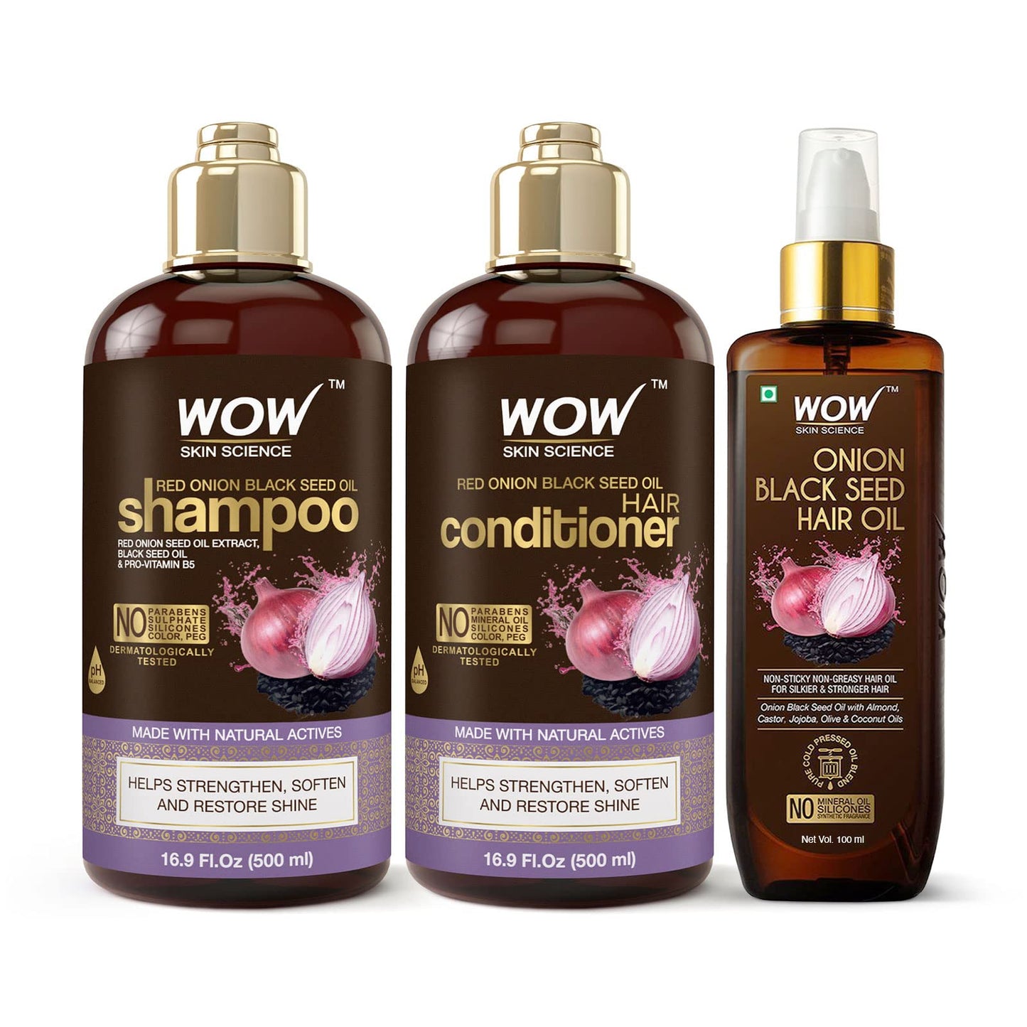 WOW Skin Science Onion Black Seed Oil Shampoo & Conditioner Treatment Set with Oil for Strong, Soft & Shine Hair for All, Dry, Damaged Hair Types