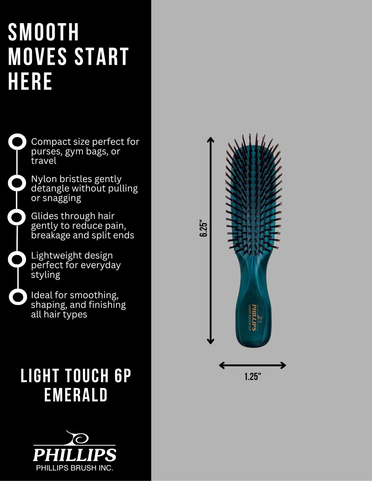Phillips Brush Emerald Light Touch 6-P Hair Brush - Part of the Gem Collection (Purse sized)