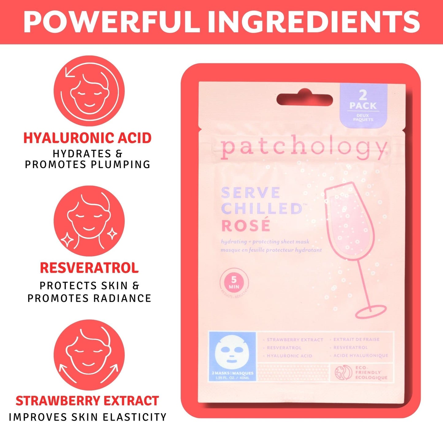 Patchology Serve Chilled Rosé Facial Sheet Mask - Hydrating & Soothing Face Mask with Hyaluronic Acid for Glowing Skin, Rosé Scented Skin Care