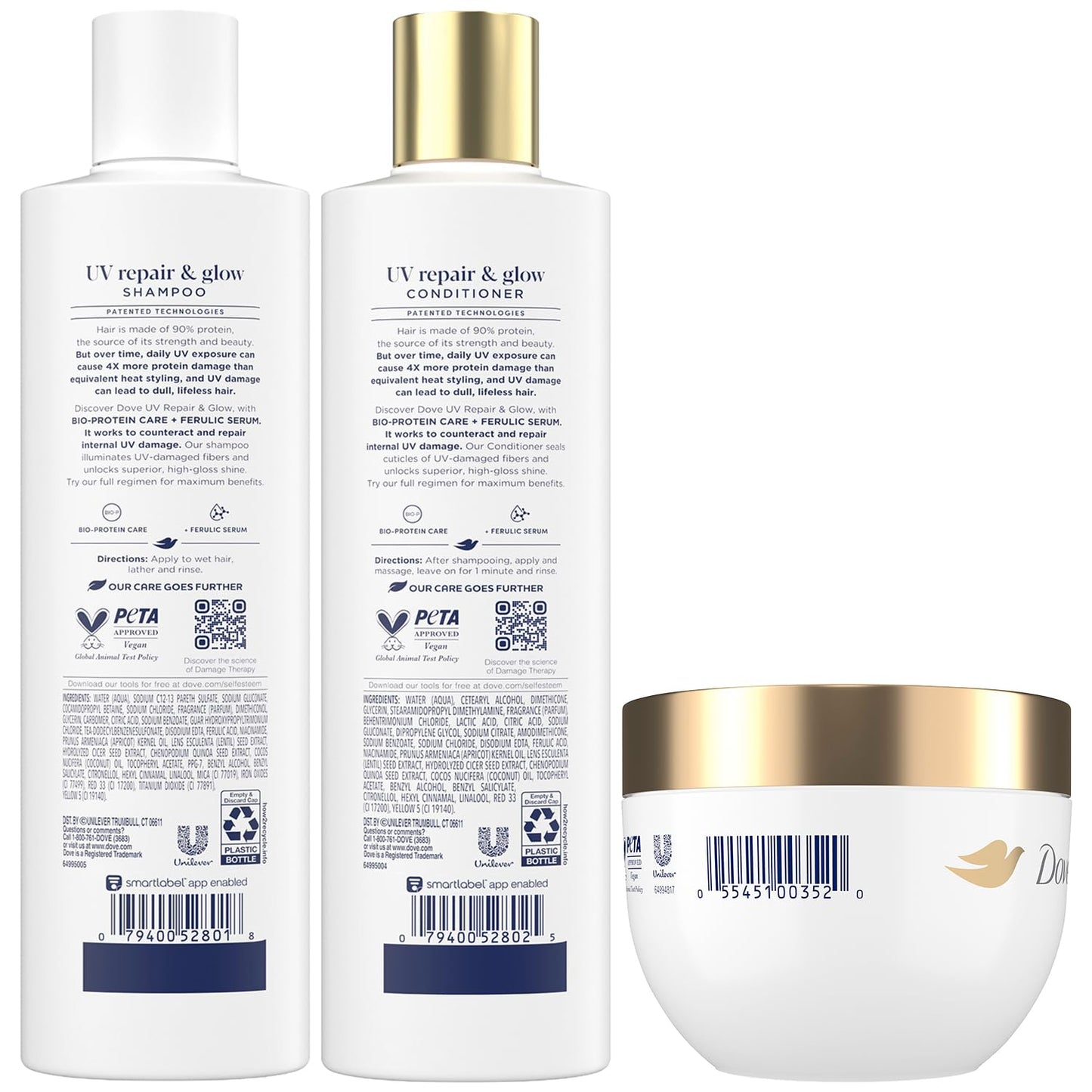 Dove Shampoo, Conditioner & 10-in-1 Radical Recovery Hair Mask, UV Repair & Glow - Damage Therapy Hair Products with Ferulic Serum and BioProtein Care