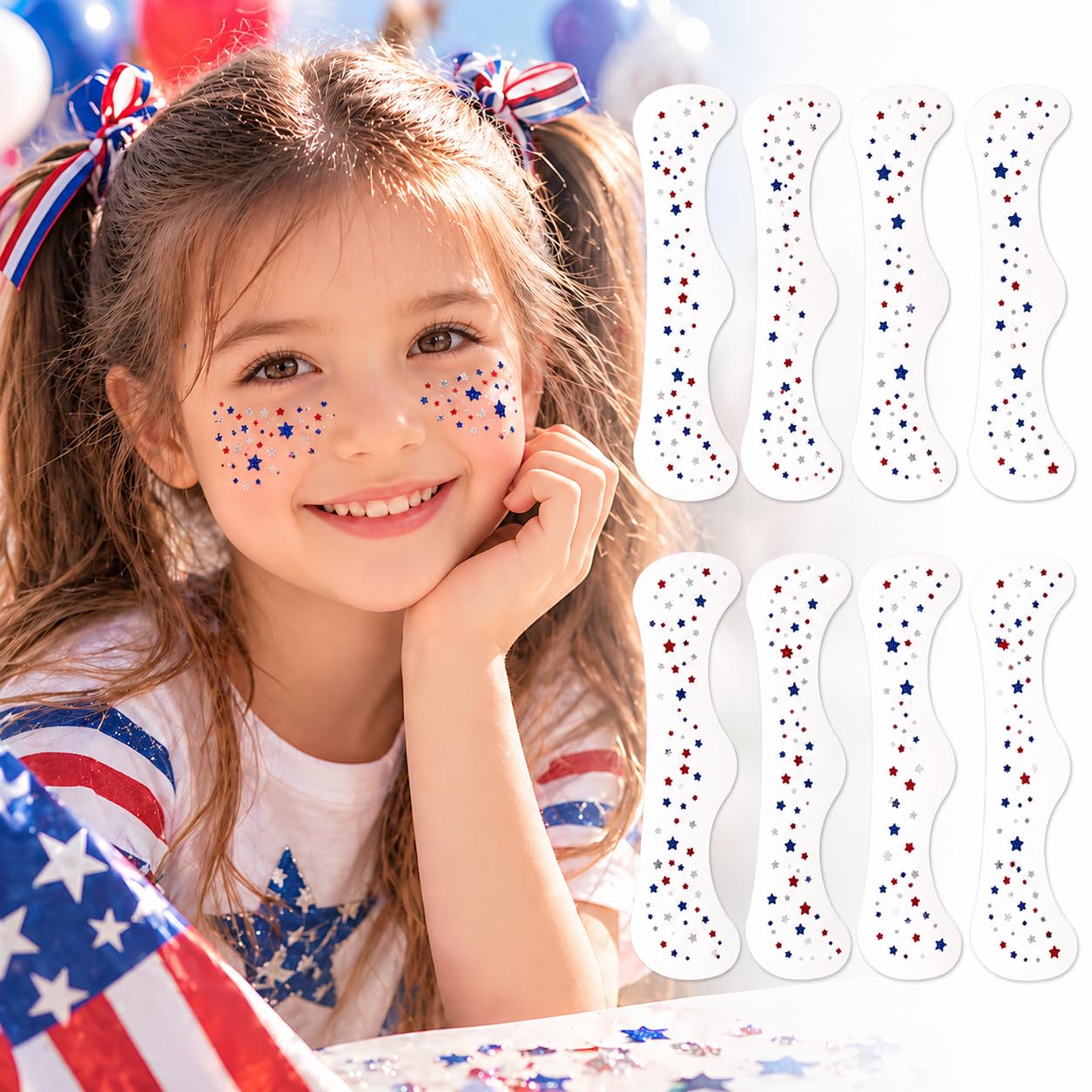 Artlunar 8Pcs 4th of July Face Tattoos, Red White Blue Irregular Mini Star Freckle Stickers for Women & Kids, Patriotic Makeup for Independence Day